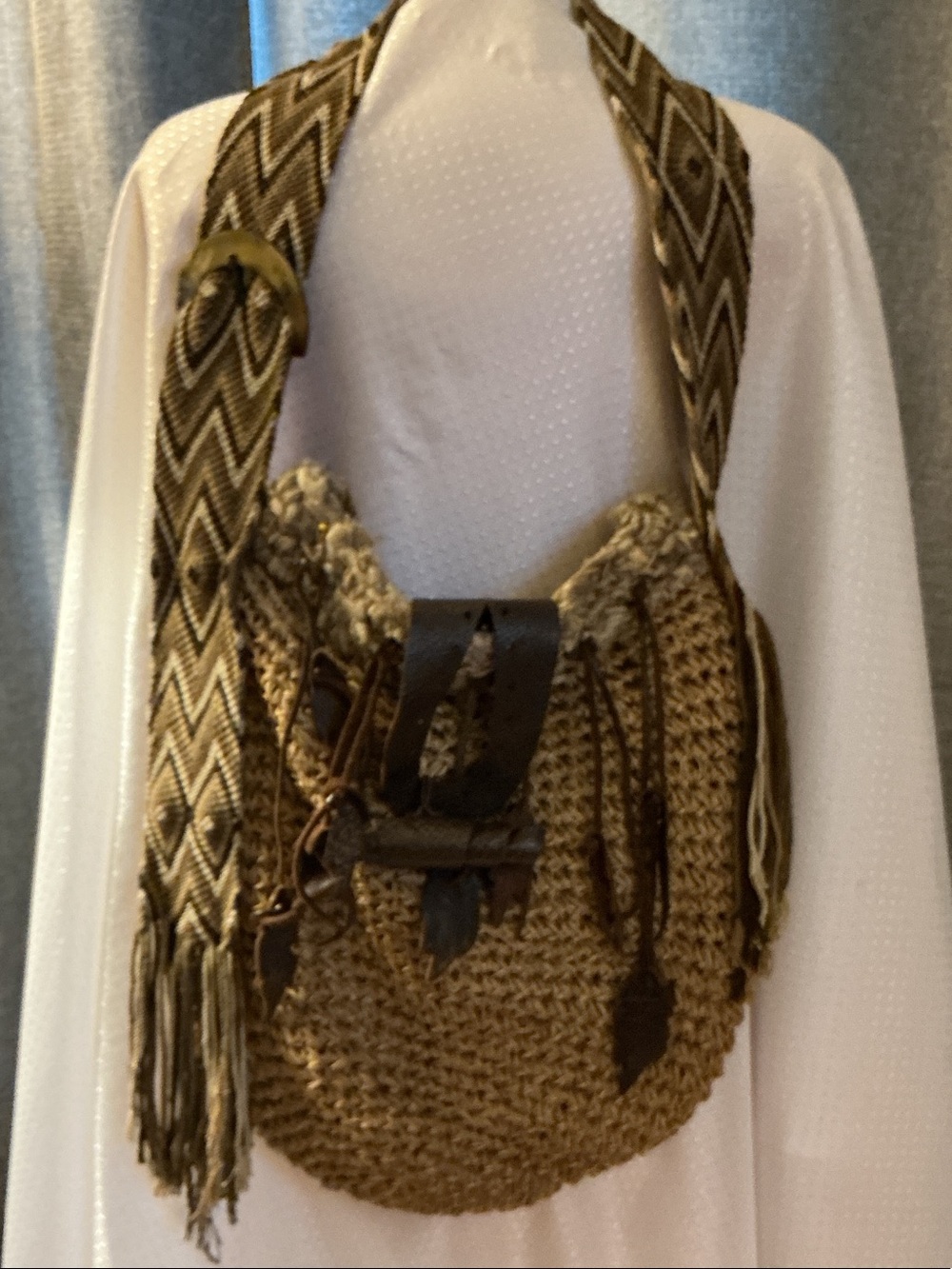 Handwoven Brown Shoulder Bag with Patterned Strap